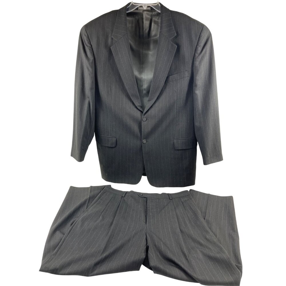Mens Pinstripe Suit Jacket & Pants Set 2-Button Gray Classic Fit 100% Wool 40L